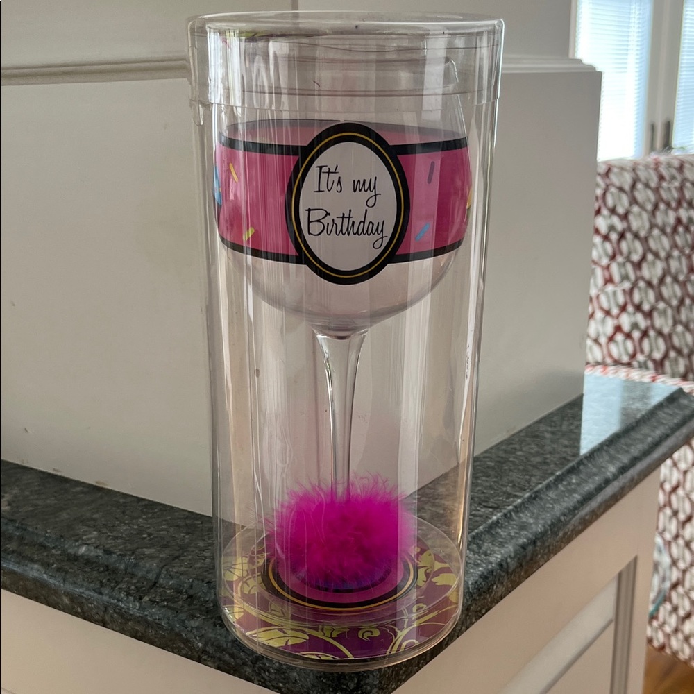 Pink “It’s My Birthday” Wine Glass with Pom-Pom Accent